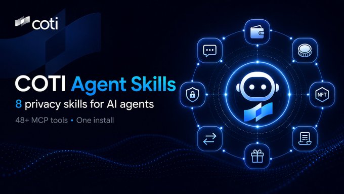 The image features a blue circle with a robot inside, surrounded by various icons representing different privacy skills for AI agents. The text above the image reads "COTI Agent Skills", indicating that this is an advertisement or promotional material related to COTI's agent skills. The image also includes a list of privacy skills and their corresponding descriptions, which are relevant to AI agents.