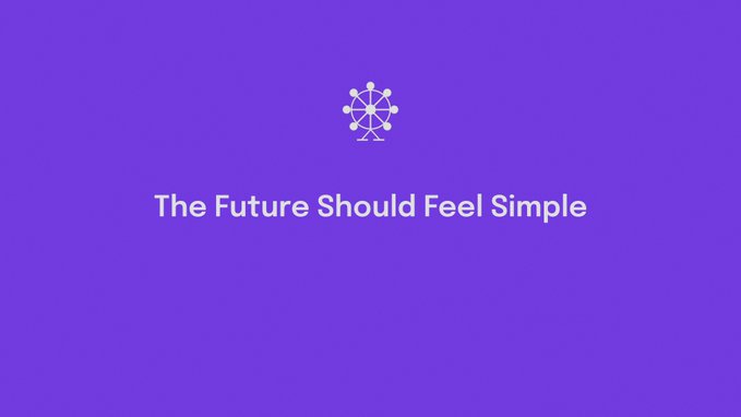 A minimalist design with a solid purple background displays a white geometric logo resembling a stylized atom or tree, accompanied by the text 'The Future Should Feel Simple'.