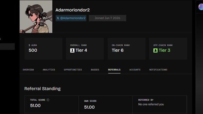 The image shows a user profile dashboard for "Adarmoriondor2," displaying 500 AURA, a Tier 4 overall rank, Tier 6 on-chain rank, Tier 3 off-chain rank, and a total referral score of 51.00 (self-earned). This appears to be a leaderboard or contributor platform interface, likely related to the $100,000 token airdrop campaign mentioned in the post, where users like Adarmoriondor2 can earn points to qualify for the Top 300 contributors.