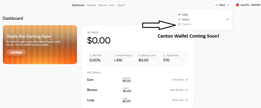 A screenshot of the Helios Finance dashboard showing a $0.00 net worth with "Vaults Are Coming Soon" banner, featuring an arrow pointing to a dropdown menu that displays "Mezo" selected with "Canton" listed below and labeled "Canton Wallet Coming Soon!" — illustrating the user's anticipation for upcoming wallet and vault features while their OKX wallet (0xe27C...59695C) is already linked.
