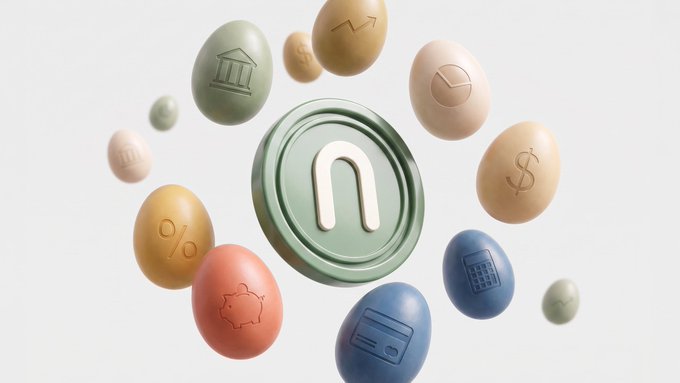 A collection of colorful eggs bearing financial symbols (dollar sign, percent, bank, calculator, and piggy bank) encircles a central green coin marked with the letter "n," visually representing the various yield, swap fee, and reward mechanics of the newly launched NUSD/SOL pool on Meteora.