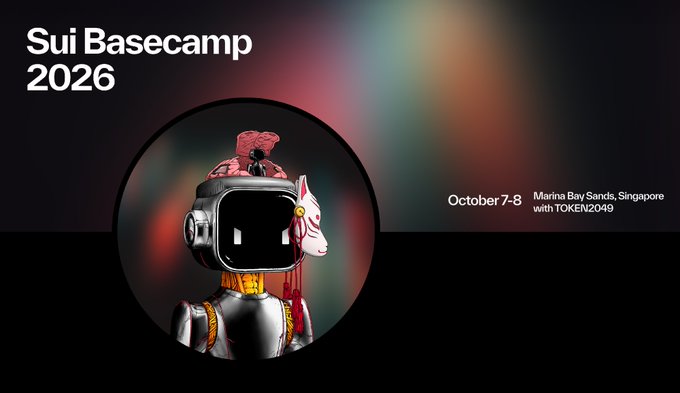 A promotional banner for 'Sui Basecamp 2026' featuring a 3D rendered robot character with a mushroom on its head and an animal companion, announcing the event dates 'October 7-8' at 'Marina Bay Sands, Singapore with TOKEN2049'.