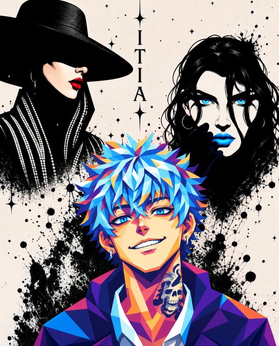A colorful illustration features an anime-style blue-haired male character at the center with 'ITIA' written above, flanked by two stylized female figures, one wearing a black wide-brimmed hat with red lips, and the other with dark hair and blue lips.