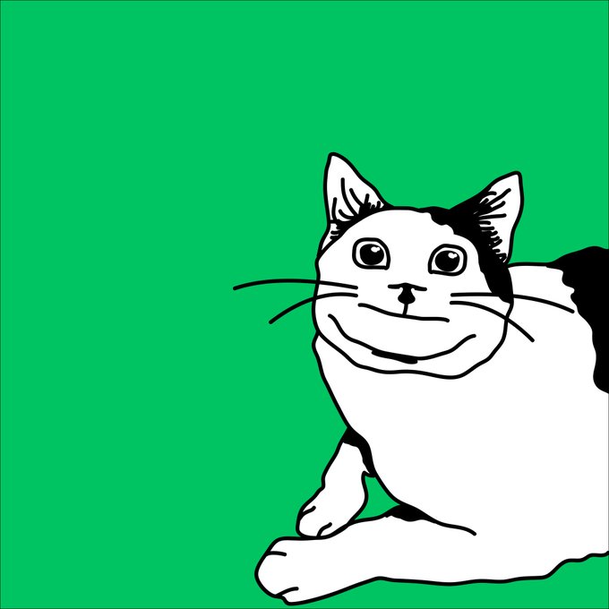 A black and white cartoon illustration of a smiling cat with black patches against a solid green background, a style associated with the Nyan Cat meme.
