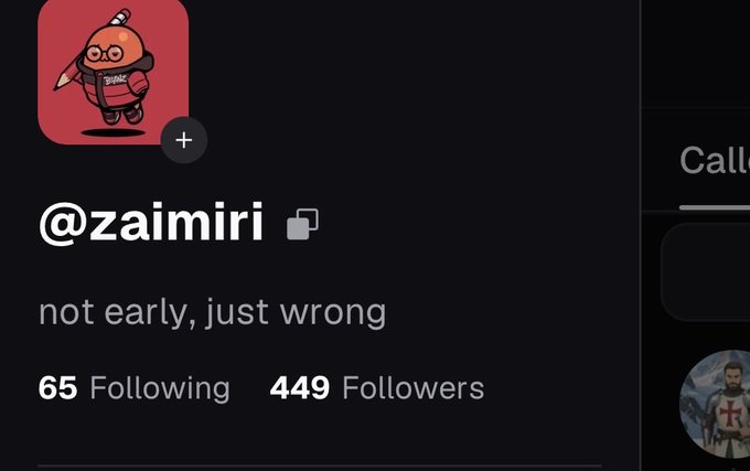 A social media profile screenshot for @zaimiri with a red cartoon character avatar, displaying the bio 'not early, just wrong' with 65 Following and 449 Followers.