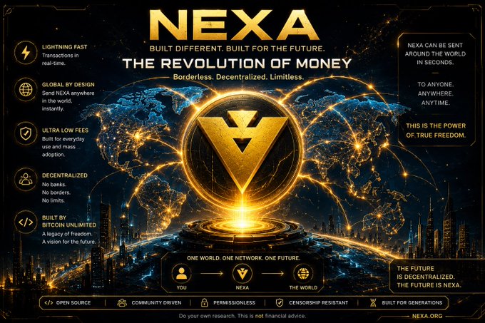 A promotional graphic for "NEXA - THE REVOLUTION OF MONEY" featuring a glowing gold token over a world map, advertising decentralized, low-fee crypto.