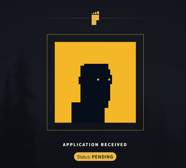 A pixelated avatar of a Bigfoot/Sasquatch figure appears on a yellow background with text reading "APPLICATION RECEIVED" and "Status: PENDING." The image represents the official application confirmation for joining the Bitfoots NFT project, which the post describes as featuring 303 hidden forest creatures released in 2024.