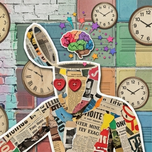 The image features a collage of various elements, including a clock with numbers from 1 through 12, a person's head made out of newspaper clippings, and a brain made out of colorful stars and other cut-outs. The text "GM Zero Only 2,222 Zero will exist" is also present in the image.