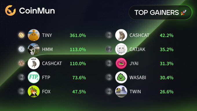 A CoinMun "Top Gainers" ranking displays leading cryptocurrencies led by TINY at 361.0%, followed by HMM (113.0%), CASHCAT (110.0%), FTP (73.6%), FOX (47.5%), and others including CATJAK, JYAI, WASABI, and TWIN, with the accompanying post listing their corresponding social handles.