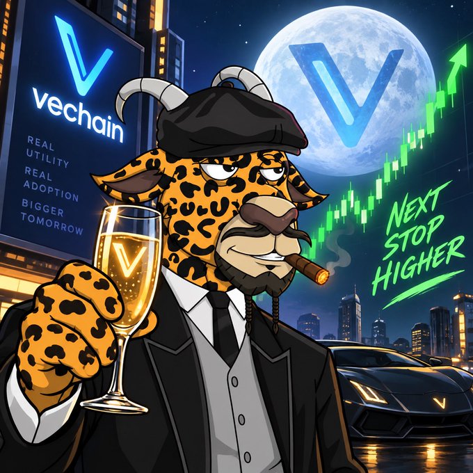 A cartoon illustration depicts a leopard in a black suit, beret, and smoking a cigar while holding a champagne glass with a 'V' logo, set against a city skyline, full moon, and a green rising stock chart with text including "vechain," "REAL UTILITY REAL ADOPTION BIGGER TOMORROW," and "NEXT STOP HIGHER."