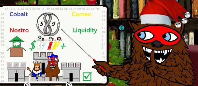 A cartoon character in a Santa hat and red mask presents a bingo-style board with categories like 'Cobalt', 'Comex', 'Nostro', and 'Liquidity'.