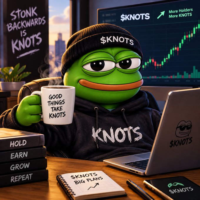 A Pepe-style meme illustration featuring a green frog wearing a black $KNOTS beanie and hoodie, holding a 'GOOD THINGS TAKE KNOTS' mug, with 'STONK BACKWARDS IS KNOTS' written on a chalkboard and crypto trading charts in the background.