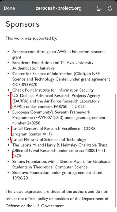 Mobile screenshot of the 'Sponsors' section on the zerocash-project.org website, with red marks highlighting several funding sources including DARPA, Israeli Ministry of Science, and the Office of Naval Research.