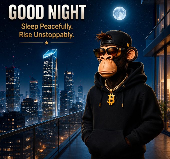 'Good Night - Sleep Peacefully. Rise Unstoppably.' graphic featuring a Bored Ape-style NFT character wearing sunglasses, a cap, and a Bitcoin chain necklace against a nighttime city skyline with a full moon.