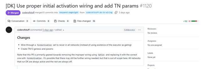 A GitHub pull request titled '[DK] Use proper initial activation wiring and add TN params #1120' showing changes to wire through a ForkActivation set to never in all networks and create TN13 genesis and params.