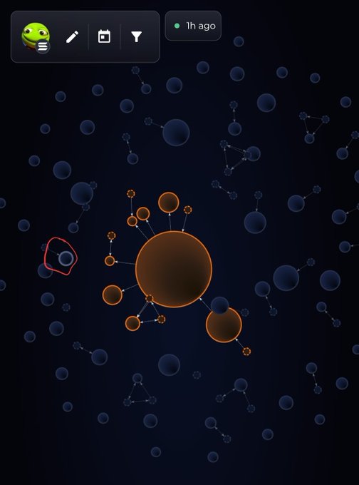 A dark blue background shows a network visualization with connected nodes, featuring a prominent orange circular cluster in the center and a '1h ago' timestamp at the top alongside some icon controls.