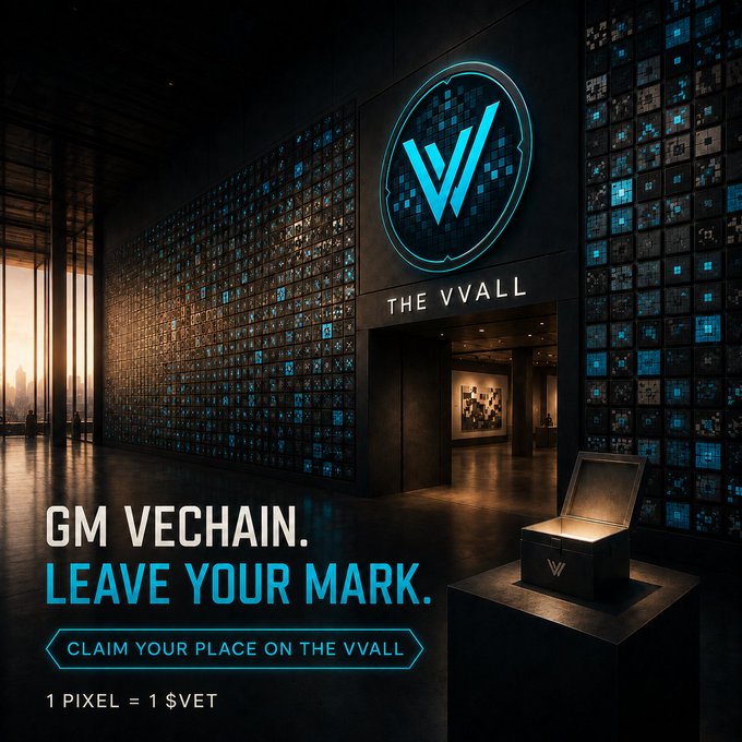 A promotional graphic for VeChain reads 'GM VECHAIN. LEAVE YOUR MARK.' with 'CLAIM YOUR PLACE ON THE VVALL' and '1 PIXEL = 1 $VET', set against a futuristic building with a glowing VeChain logo.