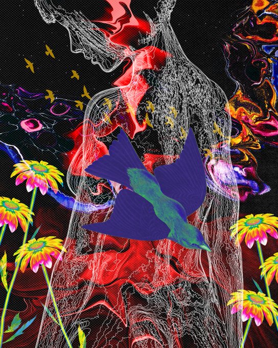 A vibrant digital collage featuring a blue hummingbird, neon daisies, and a ghostly human figure against a colorful psychedelic background.