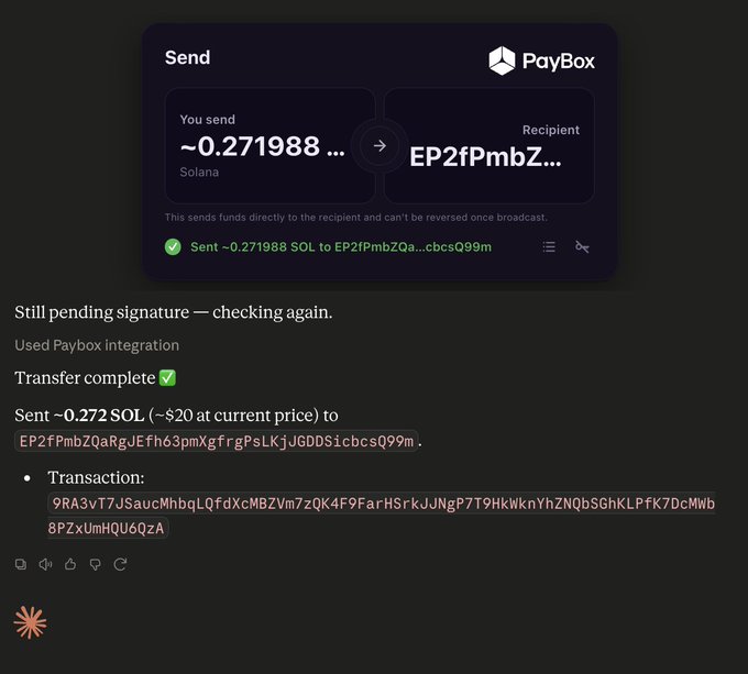 A screenshot of a PayBox transaction interface showing a completed transfer of ~0.271988 SOL (~$20) to the wallet address EP2fPmbZQa...cbcsQ99m, along with a transaction signature hash, confirming the $20 SOL payment referenced in the post.