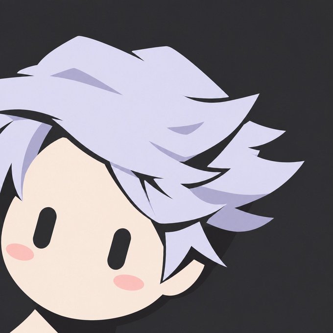 A minimalist cartoon illustration of a character with spiky light purple/lavender hair, simple dot eyes, and pink cheek blush against a black background.