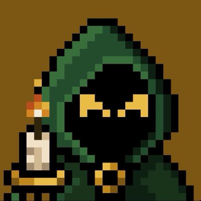 A pixel art character in a green hooded robe with glowing yellow eyes holds a candle, matching the post's "Hoods up" reference and new profile pic reveal.