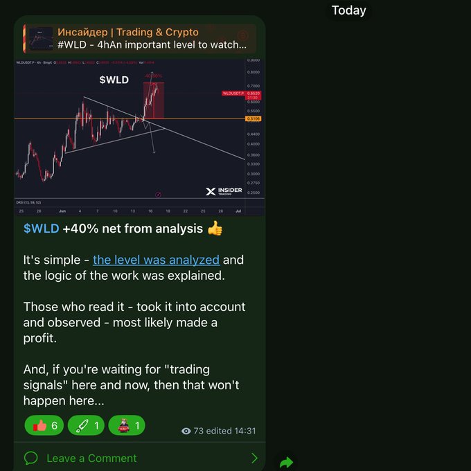 The image shows a message box containing information about a trading chat where someone has posted a comment analyzing an asset's recent performance. The conversation appears to be happening on the Telegram messaging app, as indicated by the visible group name. The text within the message reads "WLD Great work was done in the Telegram group. I analyzed the asset a couple of days ago, and today we got a fantastic result: +40% spot movement." This message seems to be relevant to the ongoing trading discussion.