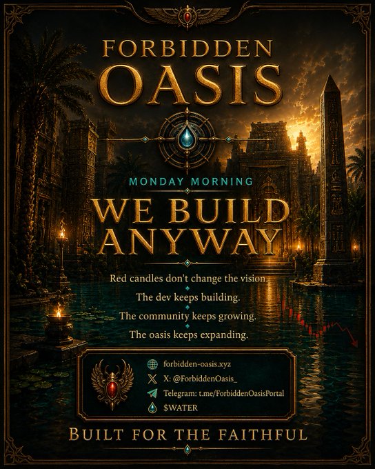 The promotional poster for "Forbidden Oasis" features a mystical desert scene with golden hieroglyphic-covered structures, an obelisk, and palm trees reflected in turquoise water, with bold text declaring "MONDAY MORNING WE BUILD ANYWAY" alongside a red downward market trend graphic and the tagline "BUILT FOR THE FAITHFUL." It showcases the project's $WATER token and social links (forbidden-oasis.xyz, Telegram, and X @Forbidden_Oasis), visually reinforcing the accompanying post's message of resilience by showing how builders continue expanding the oasis despite red market candles.