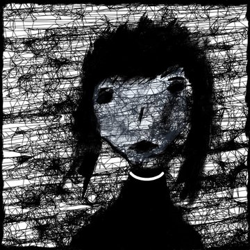 A dark, abstract digital artwork featuring a silhouetted humanoid figure with hollow eyes rendered in chaotic black scribbles against a light background.