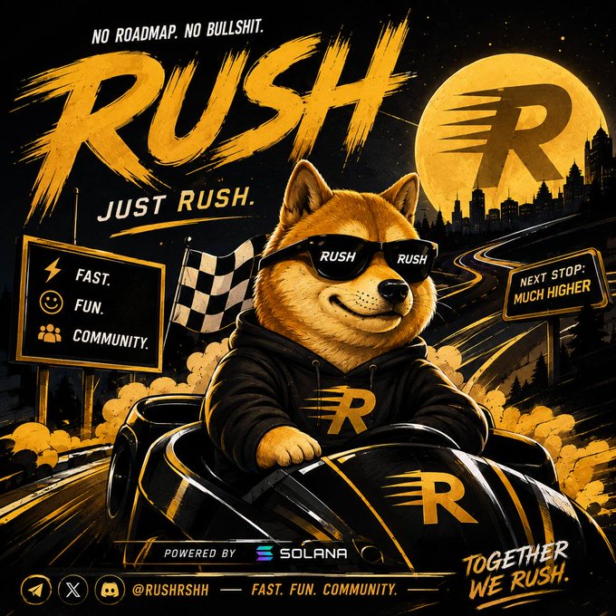 Rush cryptocurrency promotional poster featuring a Shiba Inu dog wearing 'RUSH' sunglasses driving a car, with slogans 'NO ROADMAP. NO BULLSHIT. JUST RUSH' and 'TOGETHER WE RUSH,' powered by Solana.