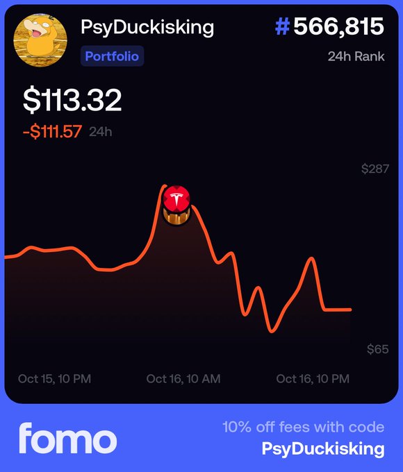 A portfolio tracking screenshot from 'fomo' showing the account 'PsyDuckisking' with a value of $113.32, a 24h change of -$111.57, a 24h rank of #566,815, and an orange line graph tracking performance from Oct 15 to Oct 16.