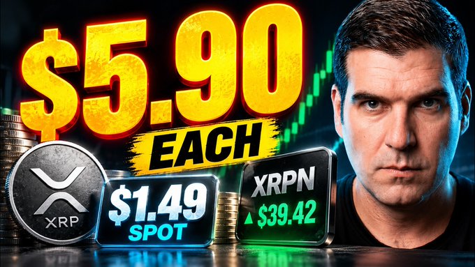 A YouTube thumbnail featuring a man with crypto price graphics for XRP at $1.49 and XRPN at $39.42, with large text reading '$5.90 EACH'.