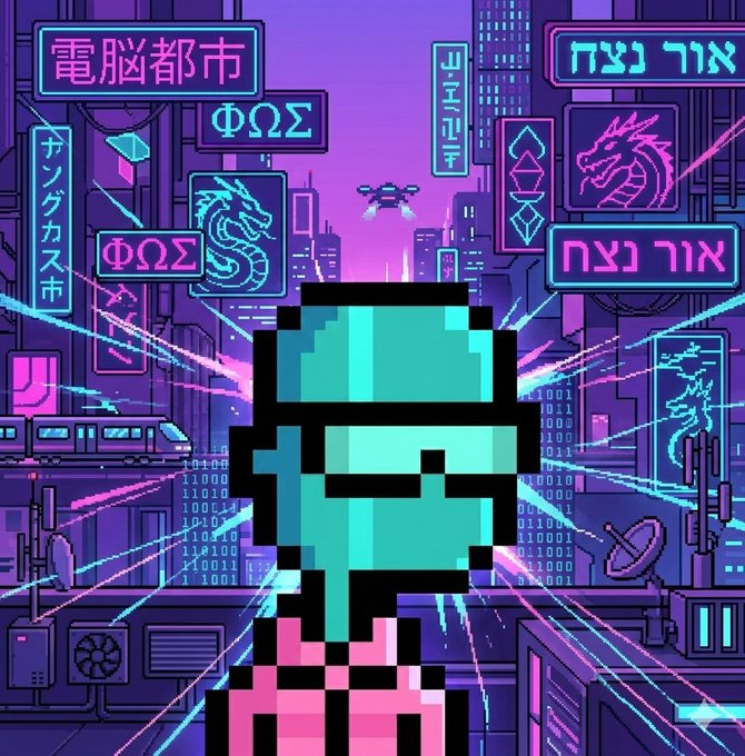 A pixel-art cyberpunk scene featuring a character in a teal helmet in the foreground, surrounded by neon signs with Chinese characters (電腦都市), Greek letters (ΦΩΣ), and Hebrew text (אור נצח), with a futuristic cityscape behind.