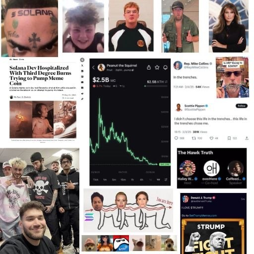 A collage of crypto-related screenshots and memes, including a headline reading "Solana Dev Hospitalized With Third Degree Burns Trying to Pump Coin" alongside a chart showing SOL's price plummeting from $2.58B to $2.58 ATH, and a quote from "Peanut the Squirrel" Proof coin, paired with X posts from Scottie Pippen, Donald J. Trump promoting "STRUMP," and a group photo captioned "You are here." The image visually captures the chaos, irony, and absurdity of crypto culture during the crash, perfectly complementing the post's sarcastic commentary about the "bull run" that never was and the inevitable market collapse.