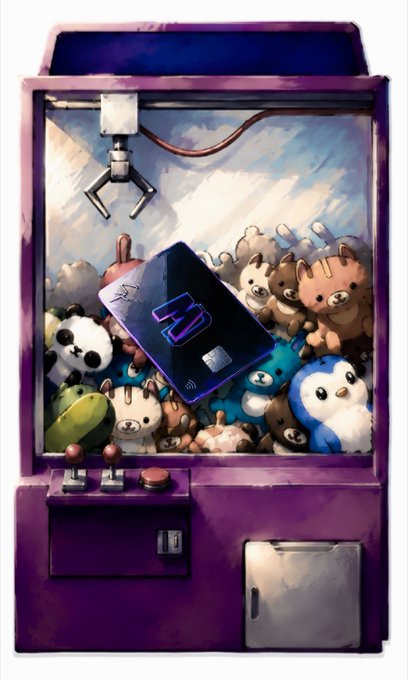 A purple claw machine filled with plush toys, including a prominent panda, cradles a black card displaying "AI" and a contactless payment symbol in its mechanical claw. The illustration visually represents the early access opportunity, with the card symbolizing a limited digital pass among 333 holders.