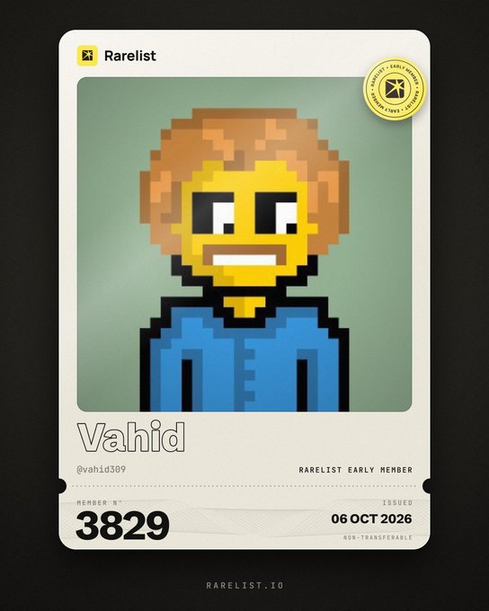 A digital membership card from "Rarelist" for a user named "Vahid" (username @vahid309), issued on 06 OCT 2026, featuring a pixelated avatar and member number 3829.