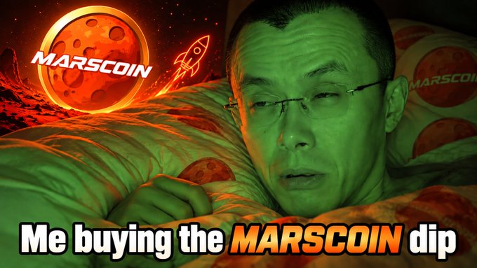 A meme image with red Martian-themed branding reading 'MARSCOIN' showing a green-tinted man lying down with the caption 'Me buying the MARSCOIN dip'.
