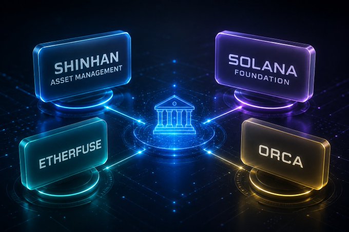 A neon-styled digital graphic connecting logos for Shinhan Asset Management, Solana Foundation, Etherfuse, and Orca around a central glowing bank icon.