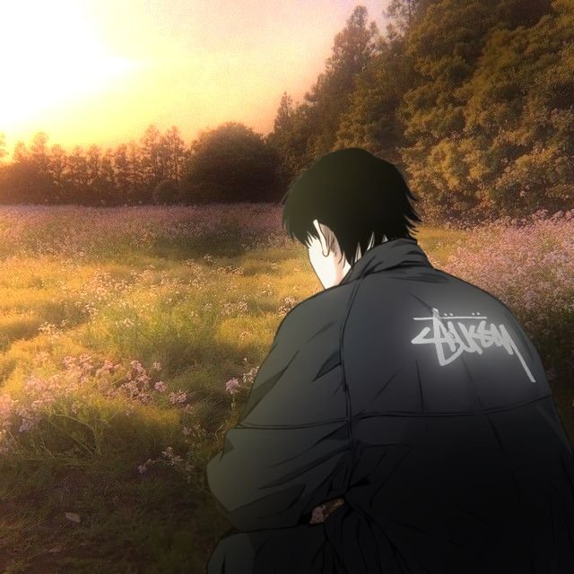 An anime-style illustration of a young person with black hair sitting in a field of pink flowers at sunset, wearing a dark jacket with a Stussy logo on the back.