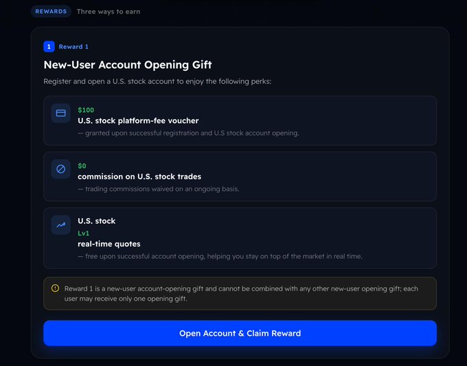 This image shows the "New-User Account Opening Gift" from @BITofficial_EN, offering a $100 U.S. stock platform-fee voucher, $0 commission on U.S. stock trades, and Lv1 real-time U.S. stock quotes. This directly relates to the post's offer allowing users to deposit USDT and trade U.S. stocks without conversion friction, with new users receiving these specific perks.