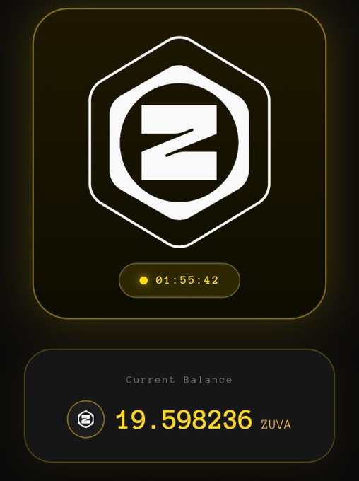 A digital interface displaying a hexagonal "Z" logo with a timer reading "01:55:42" and a "Current Balance" of "19.598236 ZUVA."