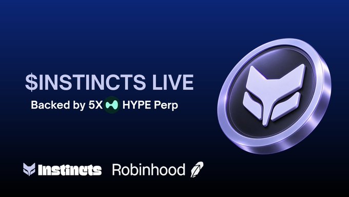 The image is a promotional graphic announcing the launch of "$INSTINCTS LIVE," backed by a 5X HYPE Perp position and powered by Lighter.xyz, featuring the Instincts and Robinhood logos alongside a large stylized fox icon on a dark blue background.