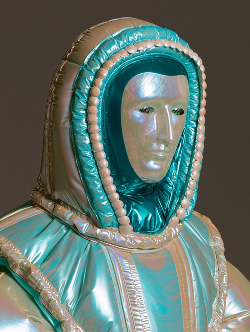 A 3D-rendered figure wearing a teal and gold hooded robe with pearl trim, featuring an iridescent mask with hollow eyes against a dark background.