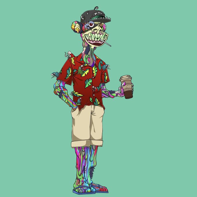 A cartoon zombie-like character wearing a tropical shirt, cap, and sandals holds a coffee cup while standing against a teal background.