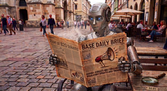 An AI-generated image of a humanoid robot with glowing blue eyes sitting on a wooden bench in a European plaza, reading a newspaper titled 'BASE DAILY BRIEF' dated 3 September 2076, with headlines including 'Rise of B2U tokens' and 'LIVE!!'.