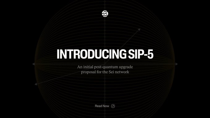 A black promotional graphic featuring a circular radar-like design with a wave icon, introducing "SIP-5: An initial post-quantum upgrade proposal for the Sei network," with a "Read Now" prompt at the bottom. The image visually supports the post's announcement of Sei Labs' quantum-resistant upgrade plan, emphasizing the proactive approach to blockchain security against future quantum threats.