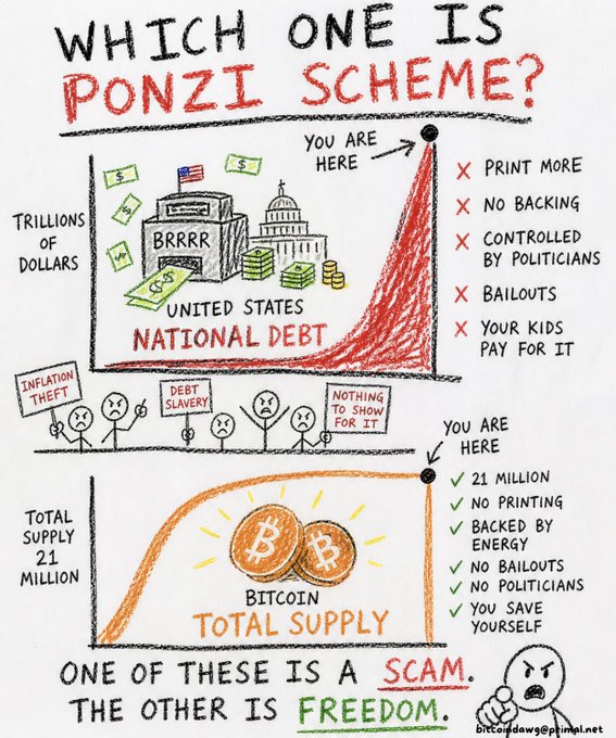 A hand-drawn infographic titled "WHICH ONE IS PONZI SCHEME?" comparing US National Debt (labeled as a scam) to Bitcoin's 21 million total supply (labeled as freedom).