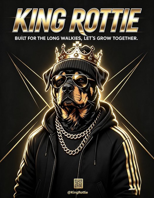 A digital illustration features a Rottweiler wearing a gold crown, sunglasses, a beanie, and gold chains with the text "KING ROTTIE" and "BUILT FOR THE LONG WALKIES, LET'S GROW TOGETHER." above it, along with "@KingRottie" below.