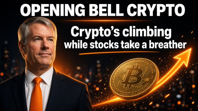 A promotional thumbnail titled 'OPENING BELL CRYPTO - Crypto's climbing while stocks take a breather' featuring a man in a suit next to a Bitcoin graphic with an upward arrow.