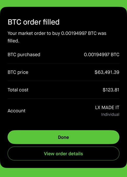 A screenshot of a crypto exchange app confirming a 'BTC order filled' for 0.00194997 BTC at a price of $63,491.39, totaling $123.81, from account 'LX MADE IT'.