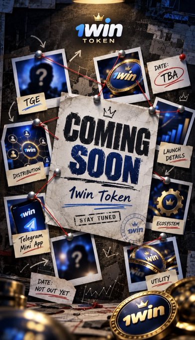 A promotional graphic for '1win Token' featuring a 'Coming Soon' detective board-style design with notes about TGE, distribution, launch details, and a Telegram Mini App.